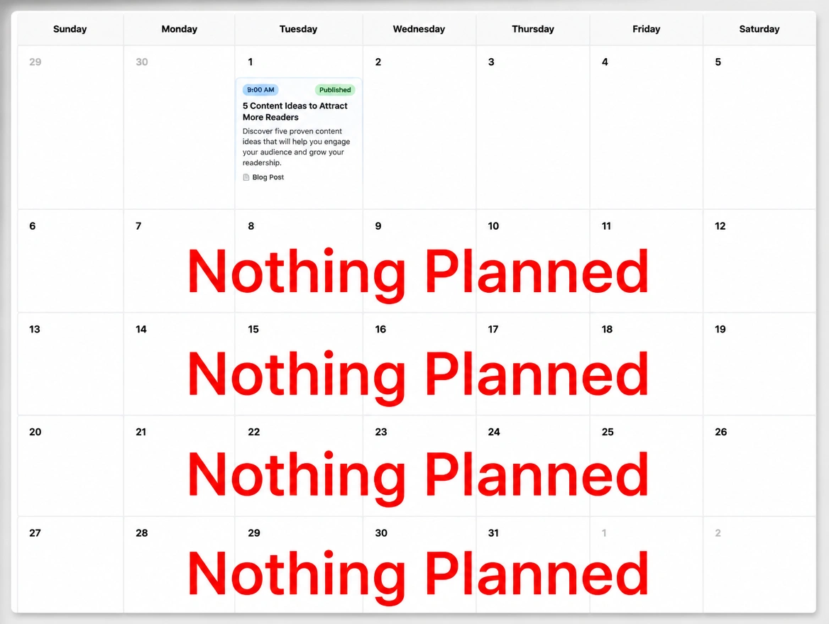 A publishing calendar with one post and empty weeks around it