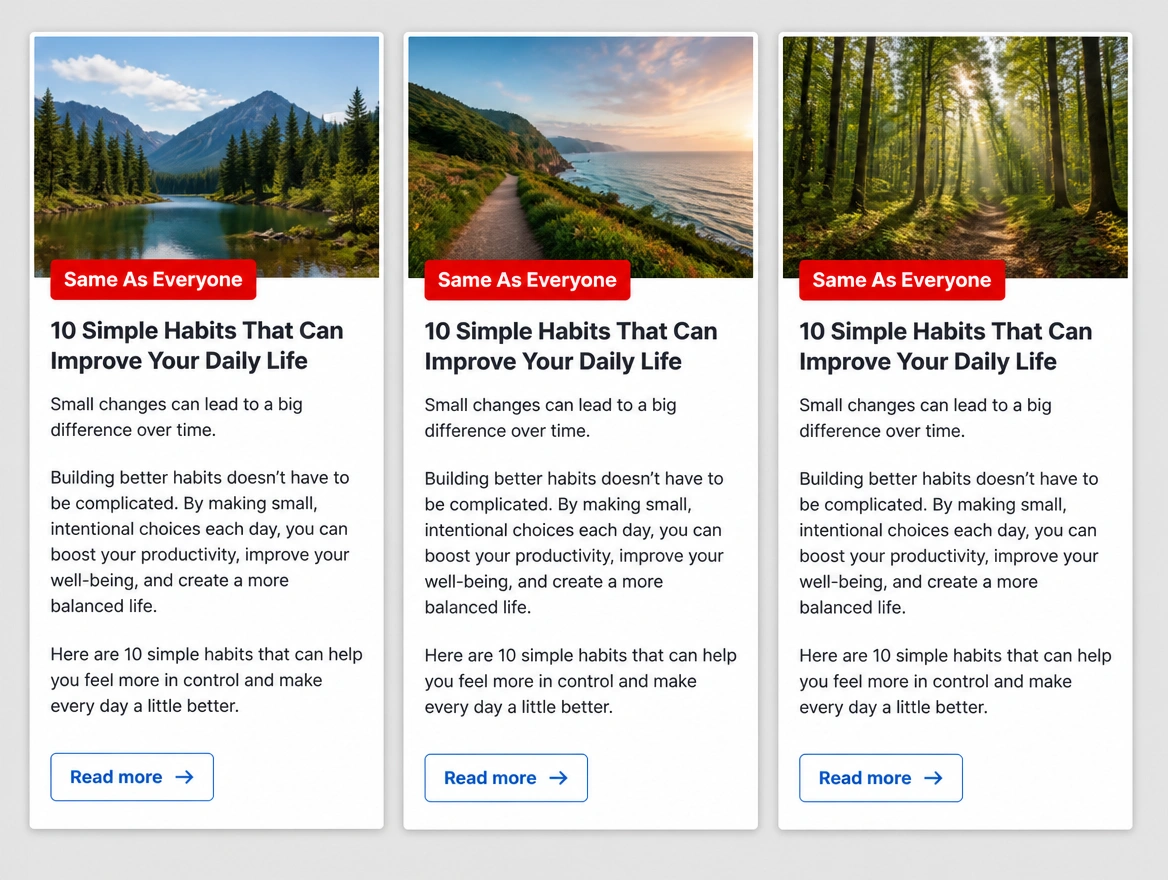 Three articles side by side with almost identical wording