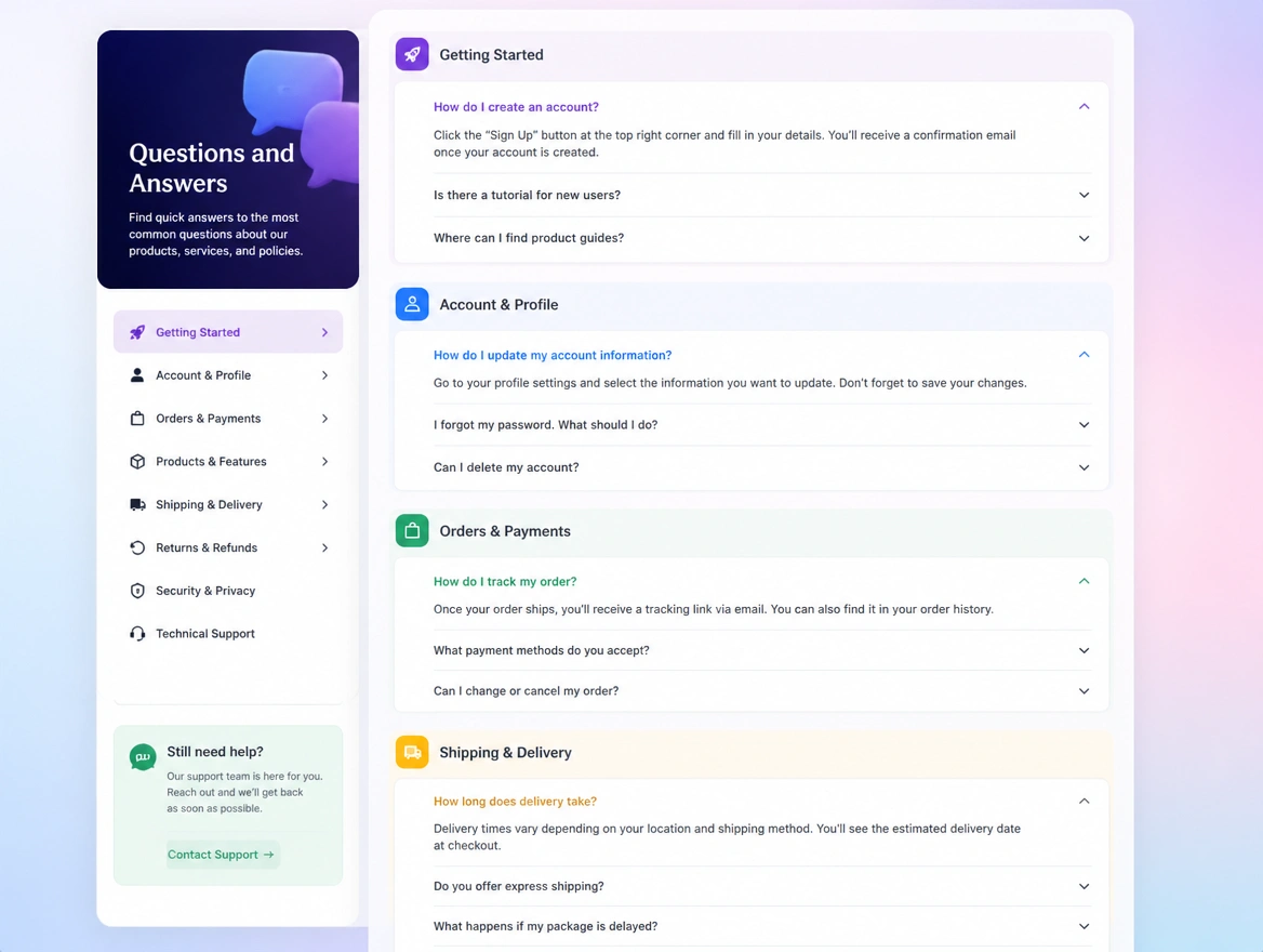 Website mockup showing faq pages