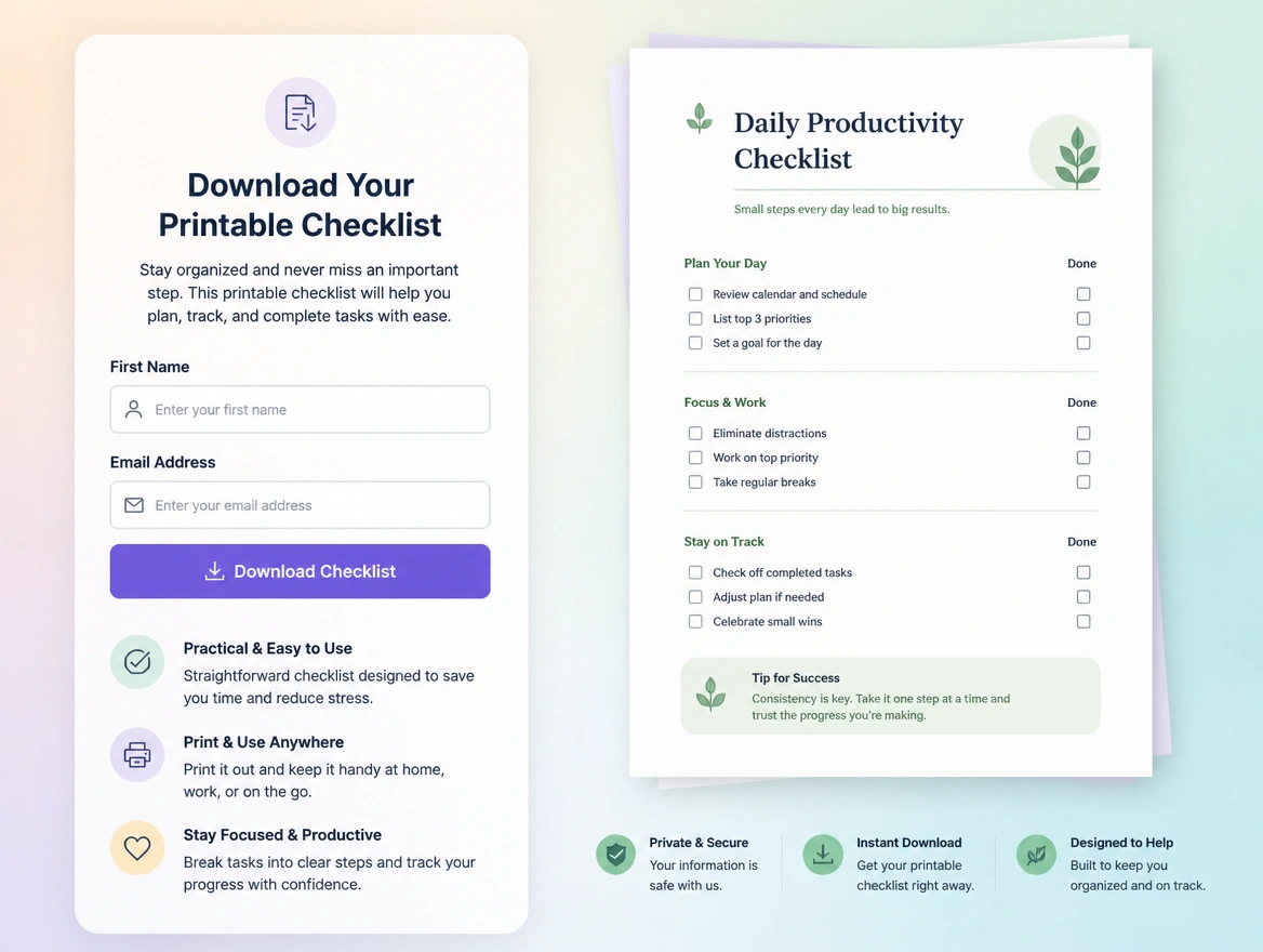 Website mockup showing templates and checklists