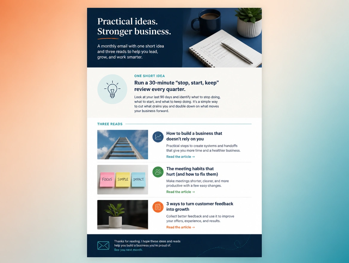 Website mockup showing monthly emails