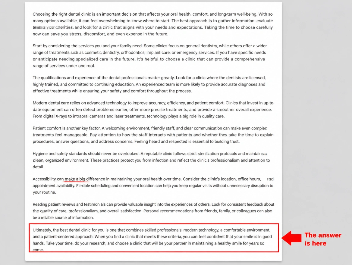 A long article whose answer sits in the final paragraph, circled in red near the bottom