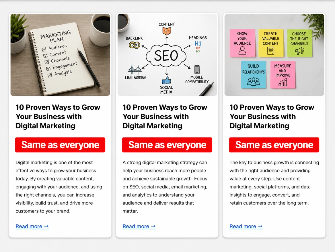 Three article cards with identical headlines, each stamped in red as the same as everyone