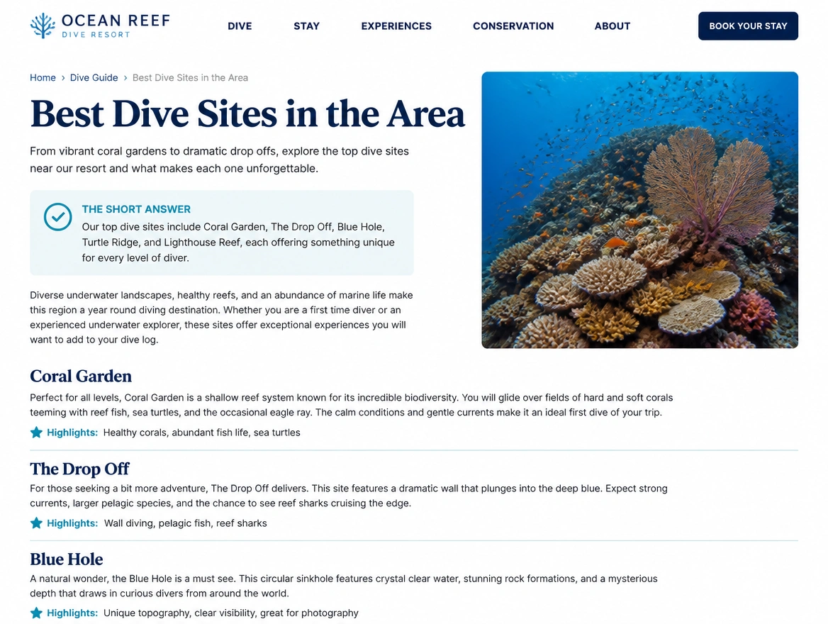 A resort guide article opening with a short answer box
