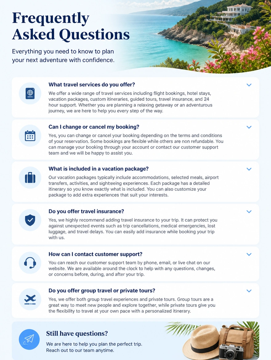 A frequently asked questions page with full written answers