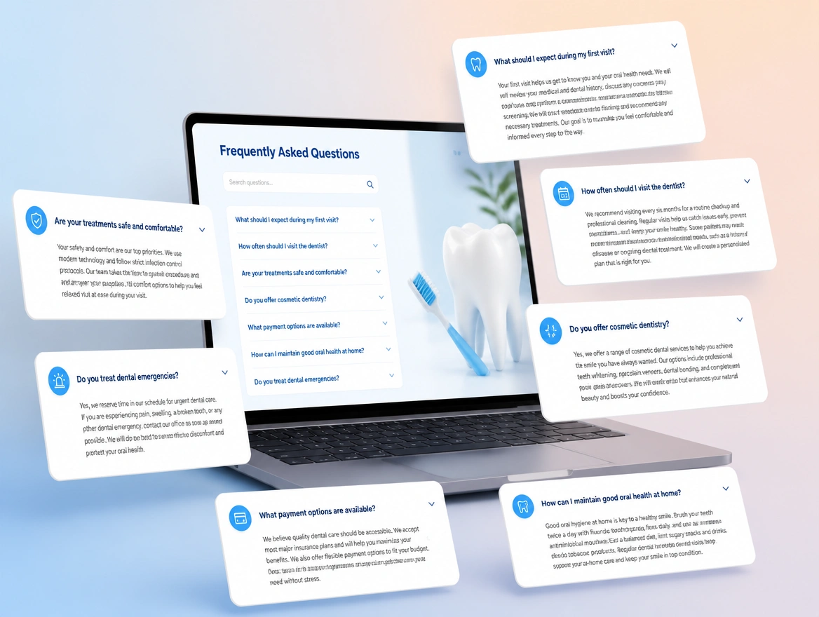 Website mockup showing faq pages