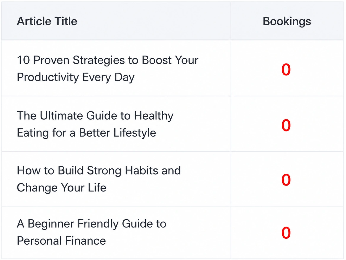 A report where every article shows zero bookings