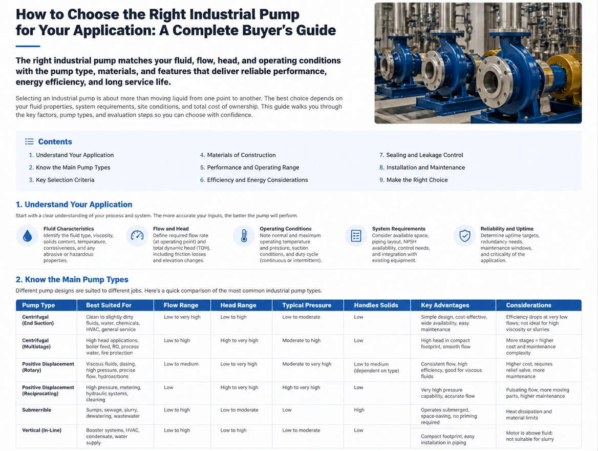A buyer guide article about choosing an industrial pump with a specification comparison table