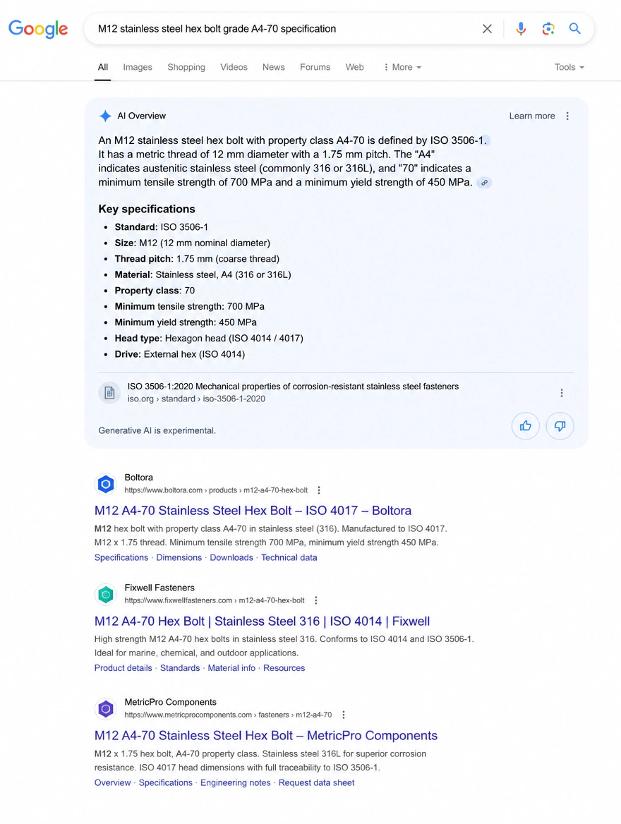 A Google search result for a bolt specification question with an AI overview answer at the top
