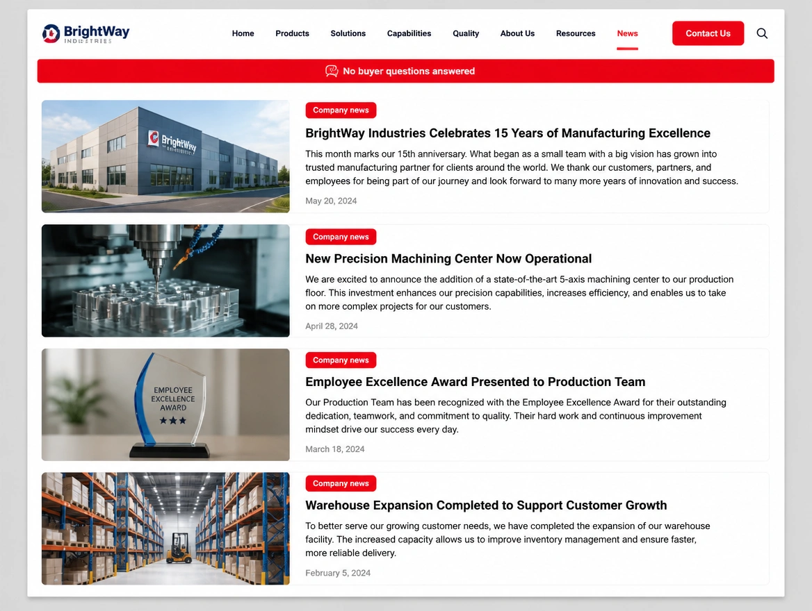 A supplier news page holding only company announcements, marked in red as answering no buyer questions