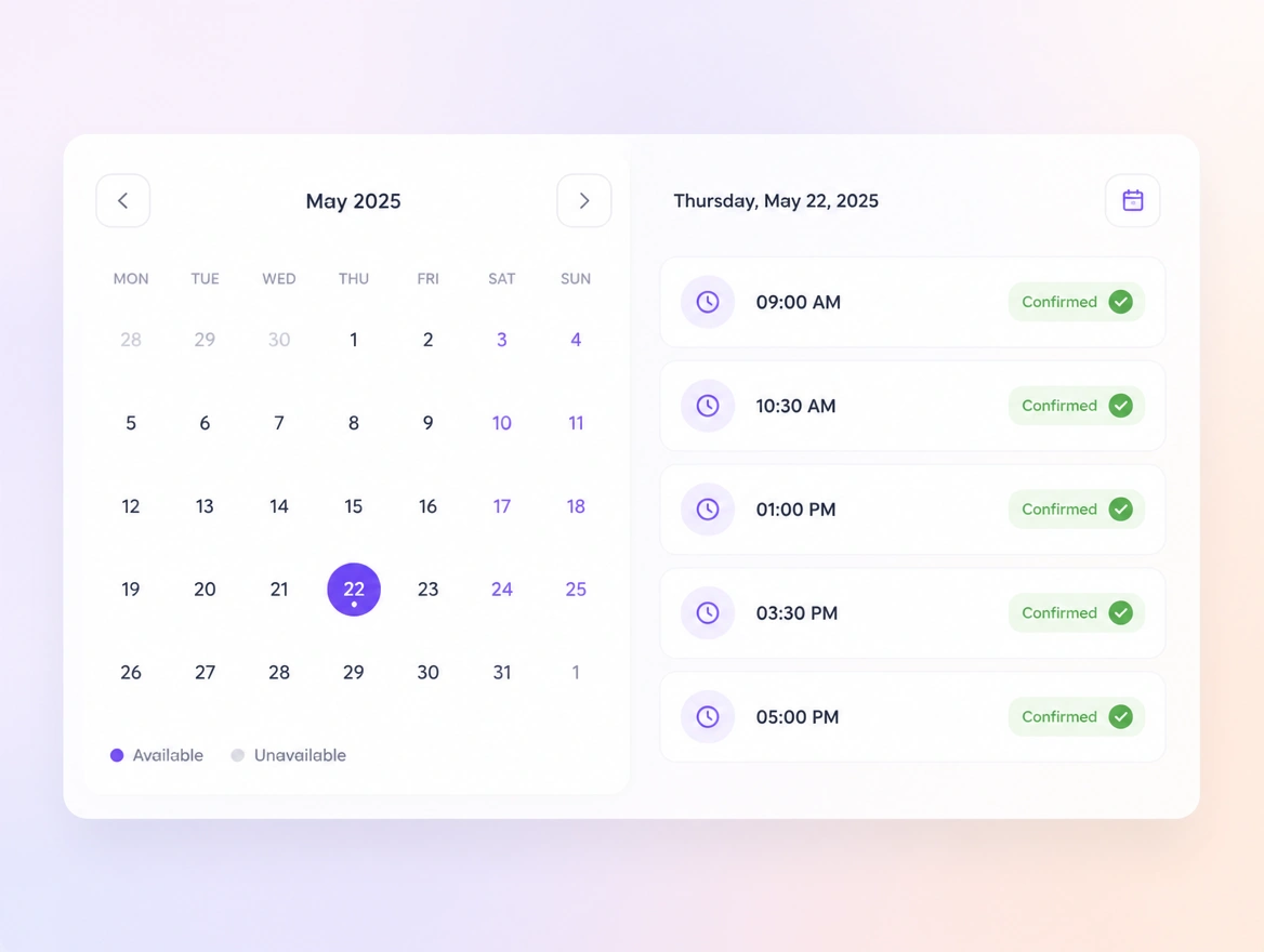 A booking page with an embedded calendar and confirmed appointment slots