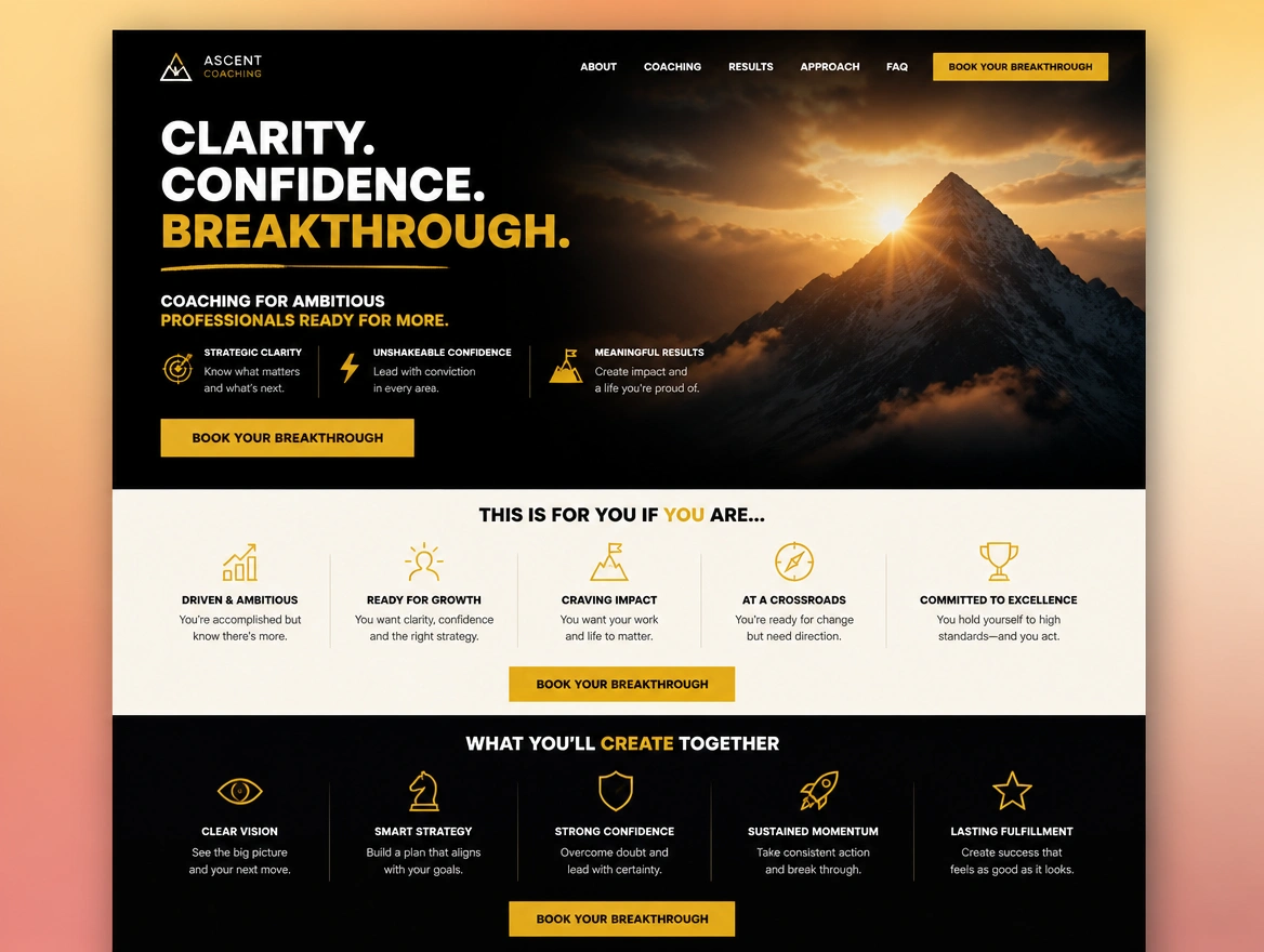 A coaching home page naming who it helps, with the same call to action repeated down the page