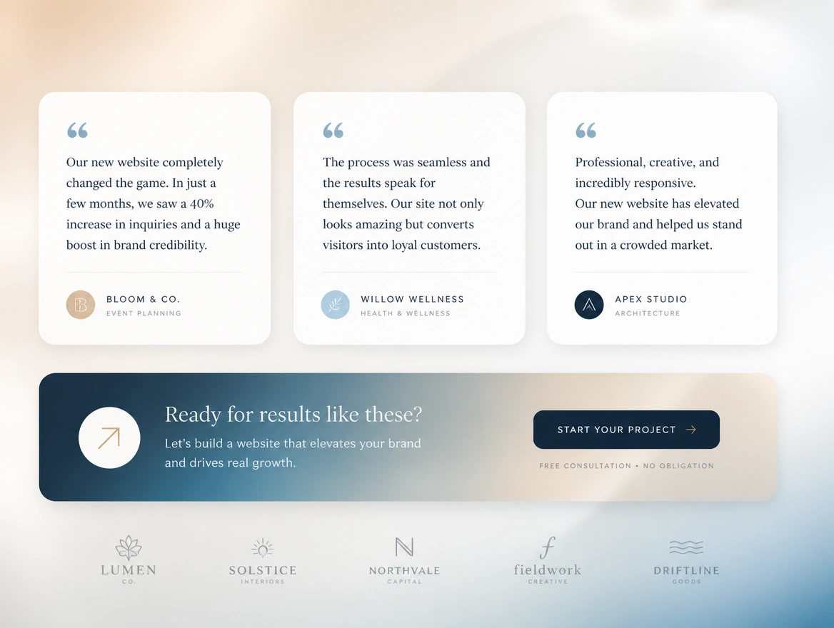 A coaching results page with client testimonials and a clear next step