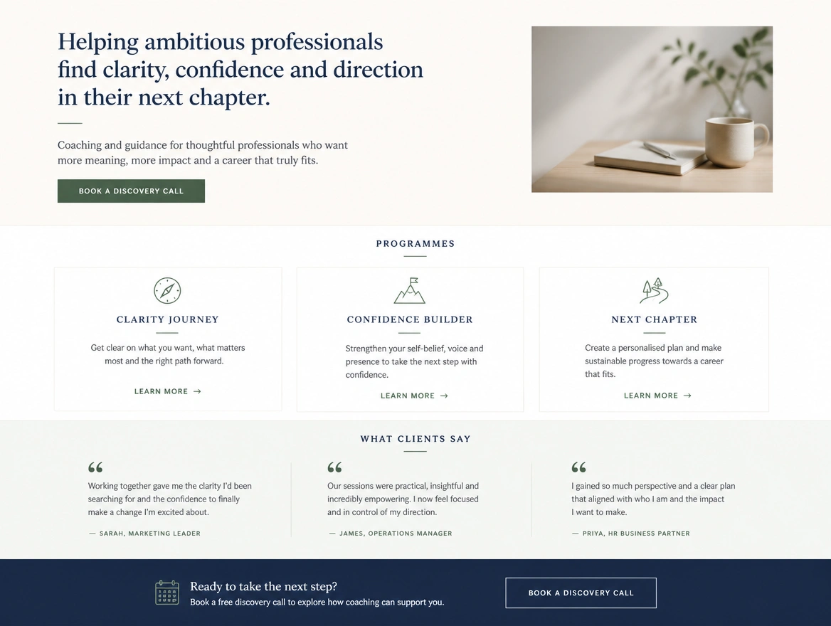 A coaching website home page naming who it helps, with programme cards, client quotes and one button to book a discovery call