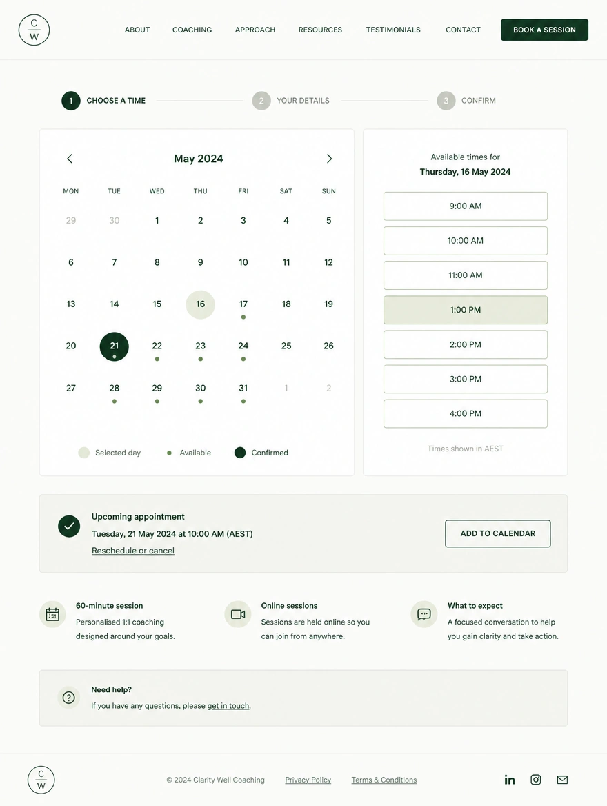 A coaching website booking page: pick a time, available slots and a confirmed session