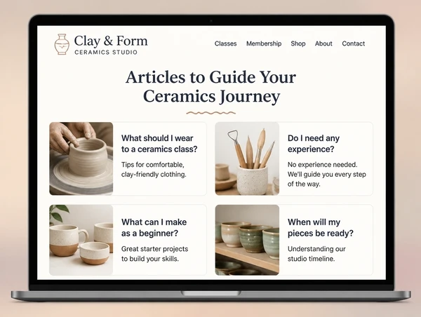 A ceramics studio articles page showing four cards titled with practical customer questions