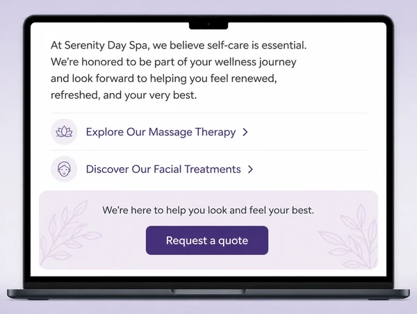 The foot of a day spa article showing service links and a request a quote card