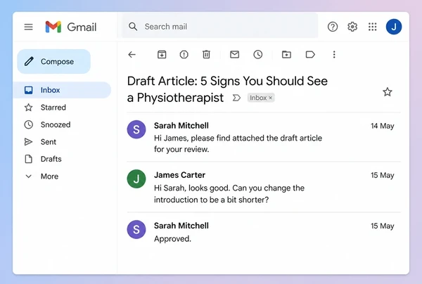 A Gmail thread where a physiotherapy practice owner approves a draft article before it publishes