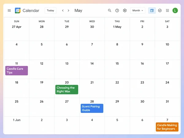 A Google Calendar month view holding four dated article topics for a candle maker