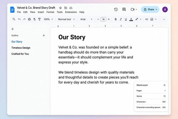 A Google Docs draft article for a handbag brand with its outline pane and word count showing