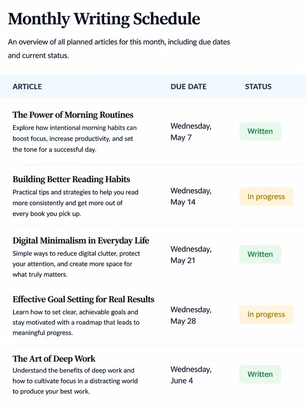 A monthly writing schedule listing each article with a due date