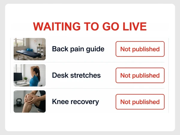 Northside Physio's WordPress list shows three ready articles marked Not published in red.