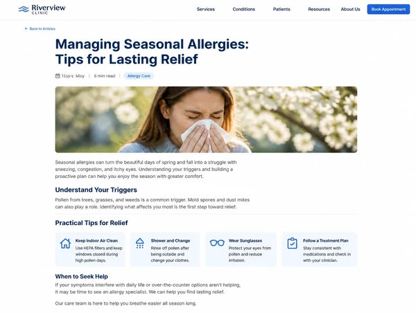 A published clinic article page with subheadings and body copy
