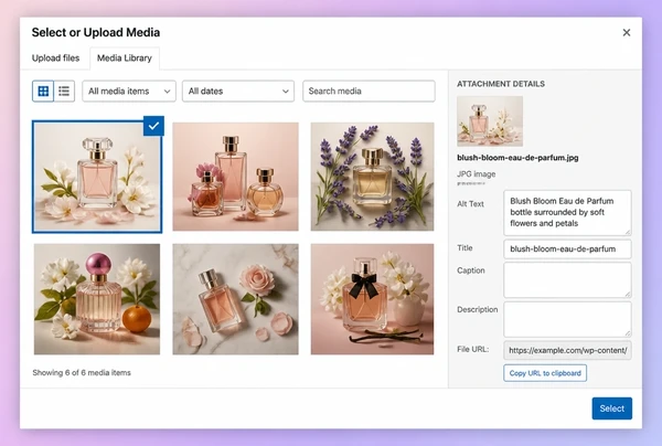 The WordPress media library showing images and alt text for a perfumery article