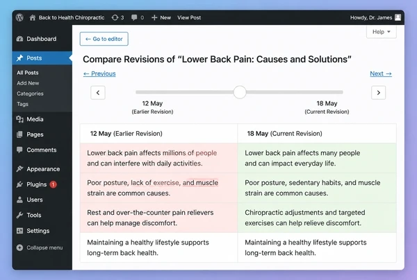 The WordPress revision screen comparing an old chiropractic clinic article with its updated version