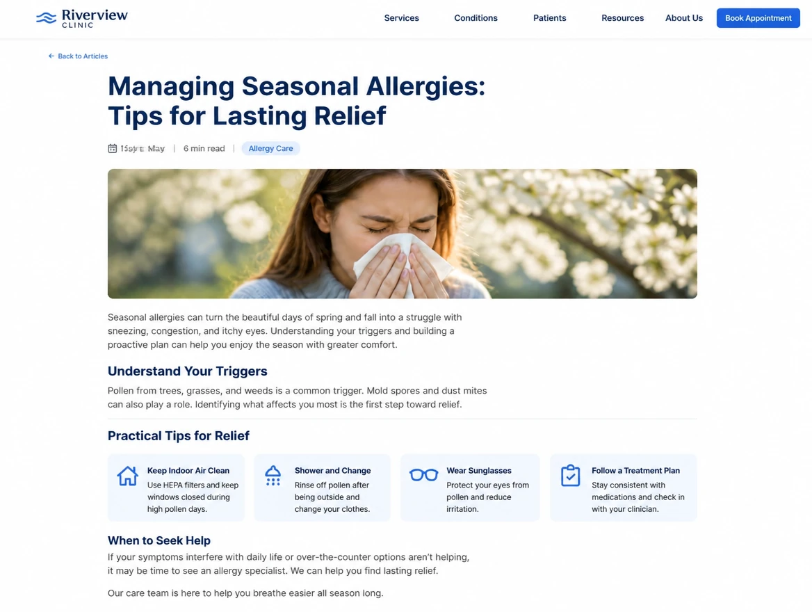 A published clinic article page with subheadings and body copy