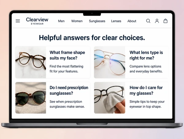 An eyewear brand articles page showing four cards titled with practical customer questions