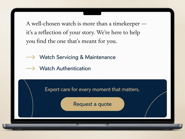 The foot of a luxury watches article showing service links and a request a quote card