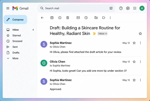 A Gmail thread where a skincare brand owner approves a draft article before it publishes