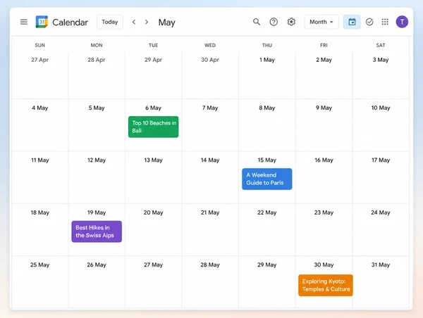 A Google Calendar month view holding four dated article topics for a travel agency