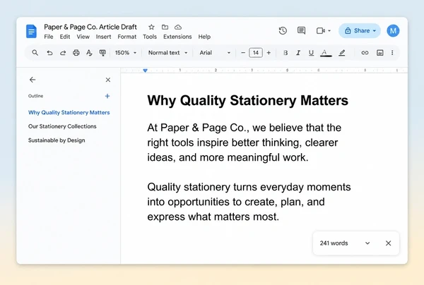 A Google Docs draft article for a stationery brand with its outline pane and word count showing