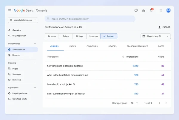 A Search Console queries report showing four customer questions for a bespoke tailor site