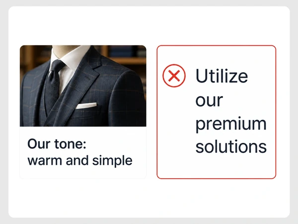 Ashford Tailoring's warm, simple brand voice conflicts with a draft saying Utilize our premium solutions.