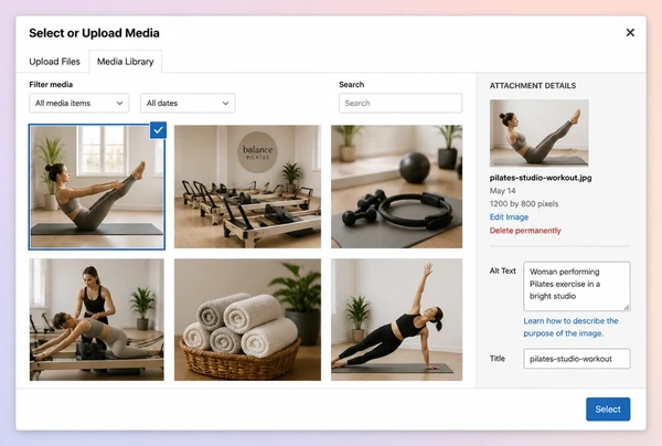 The WordPress media library showing images and alt text for a pilates studio article