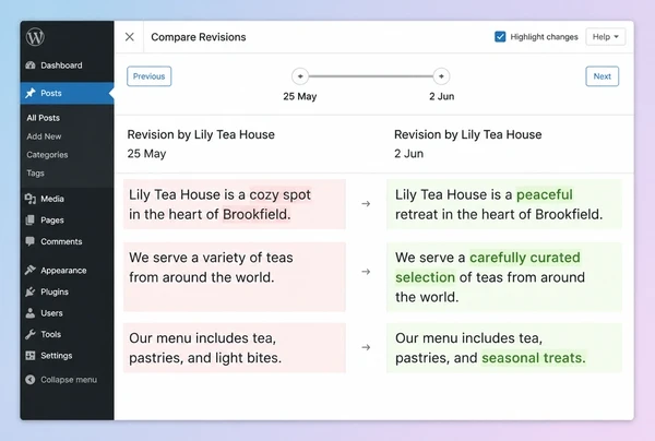 The WordPress revision screen comparing an old tea house article with its updated version