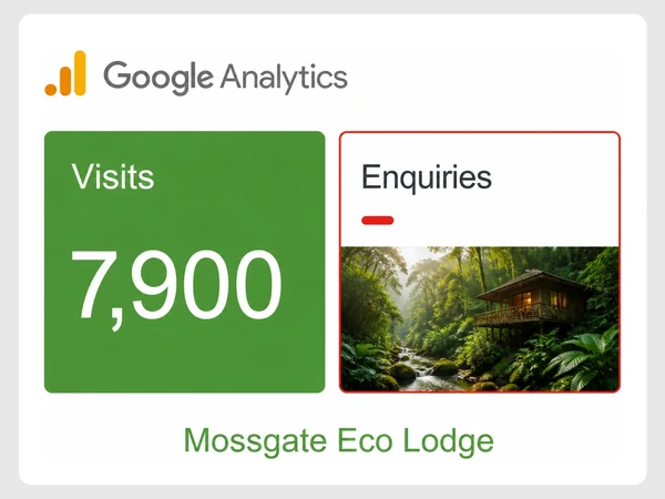 Mossgate Eco Lodge reports 7,900 Google Analytics visits while the outlined Inquiries tile remains empty.