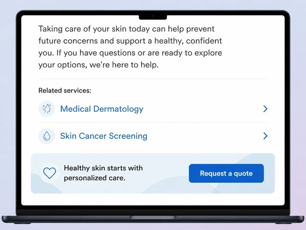The foot of a dermatology clinic article showing service links and a request a quote card