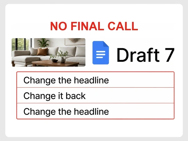 Oakline Furniture shows Google Docs Draft 7 with conflicting headline comments under No final call.