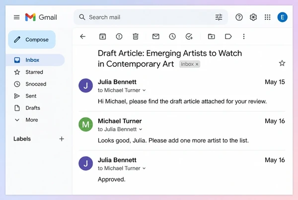 A Gmail thread where an art gallery owner approves a draft article before it publishes