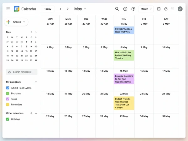 A Google Calendar month view holding four dated article topics for a wedding planner