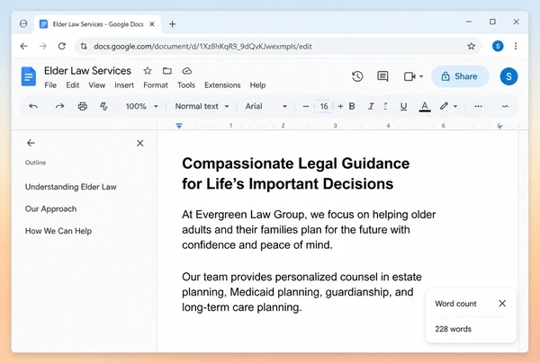 A Google Docs draft article for a law practice with its outline pane and word count showing