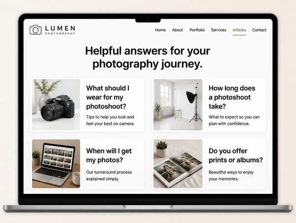 A photography studio articles page showing four cards titled with practical customer questions