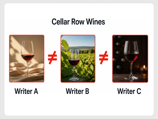 Cellar Row Wines shows three differently styled article intros by Writers A, B, and C separated by red not-equal signs.