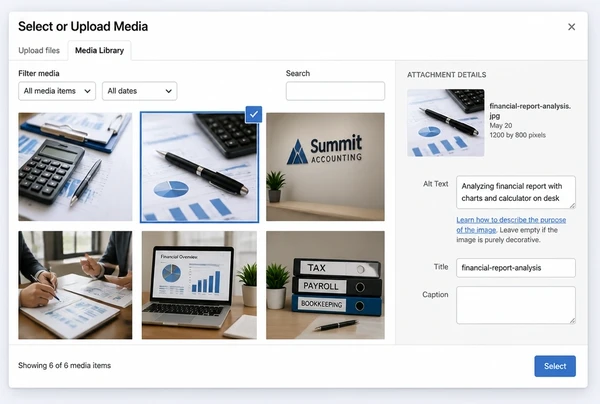 The WordPress media library showing images and alt text for an accountancy practice article