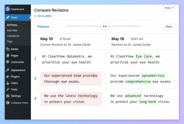 The WordPress revision screen comparing an old optometry practice article with its updated version
