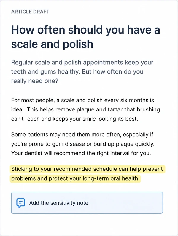 A dental article draft in one column with a highlighted sentence and one short comment beneath it